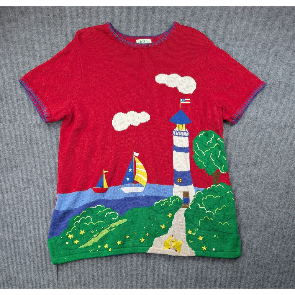 Quacker Factory Novelty Sweater Womens 1X Lighthouse Nautical Boating Red Knit